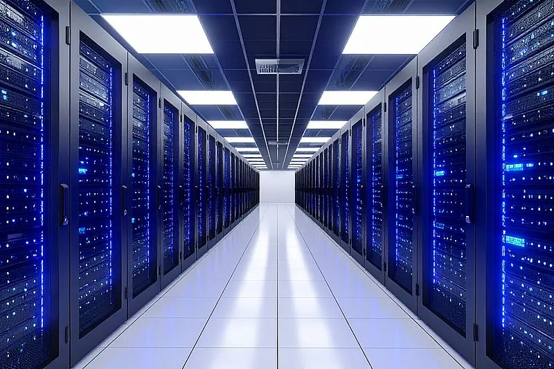 Edificios de oficinas en azul y amarillo sobre un cielo despejado