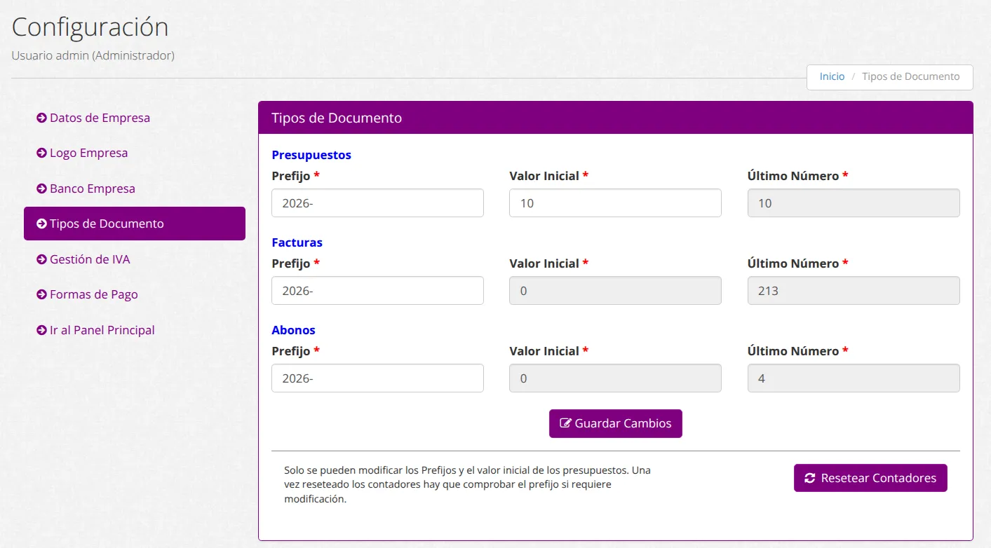 Configuración de los tipos de documento: prefijo, valor inicial y último número de presupuestos, facturas y abonos