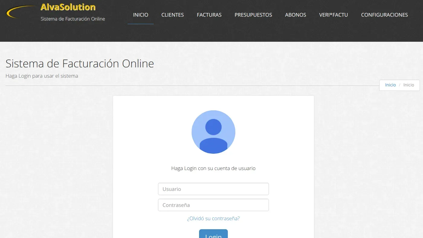 Pantalla de acceso del sistema de facturación online de Alvasolution