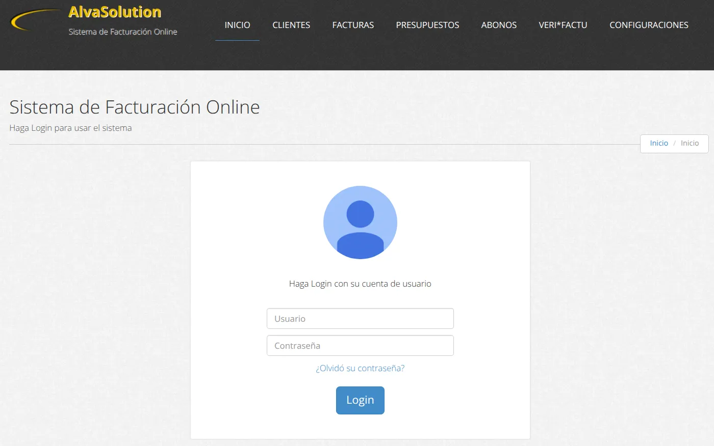 Pantalla de acceso del sistema de facturación online de Alvasolution