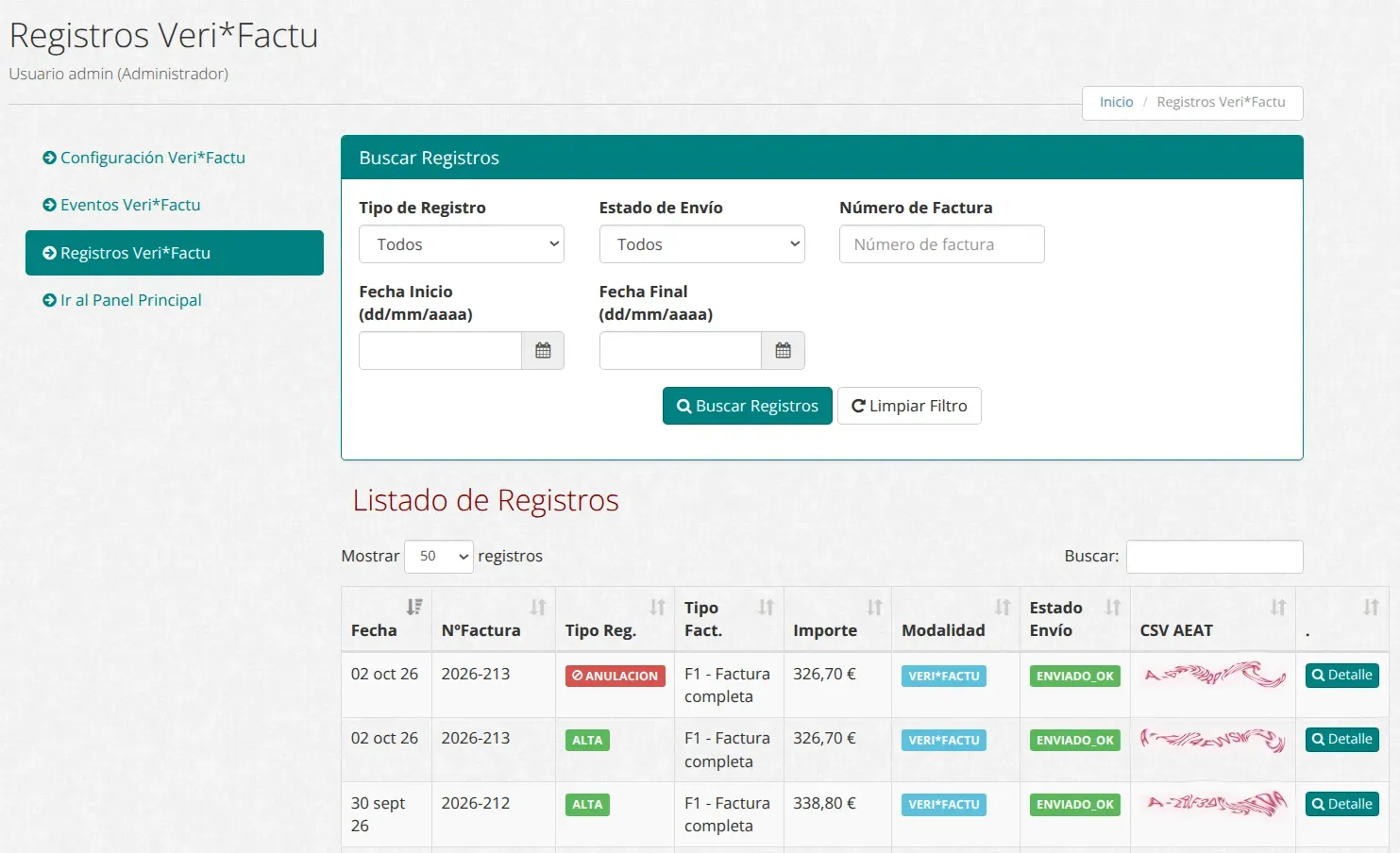 Listado de registros Veri*Factu con su tipo, importe, modalidad, estado del envío y código CSV de la AEAT