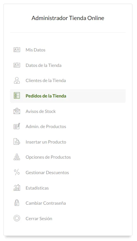 Menú del panel de administración de la tienda: datos, clientes, pedidos, avisos de stock, productos, descuentos y estadísticas